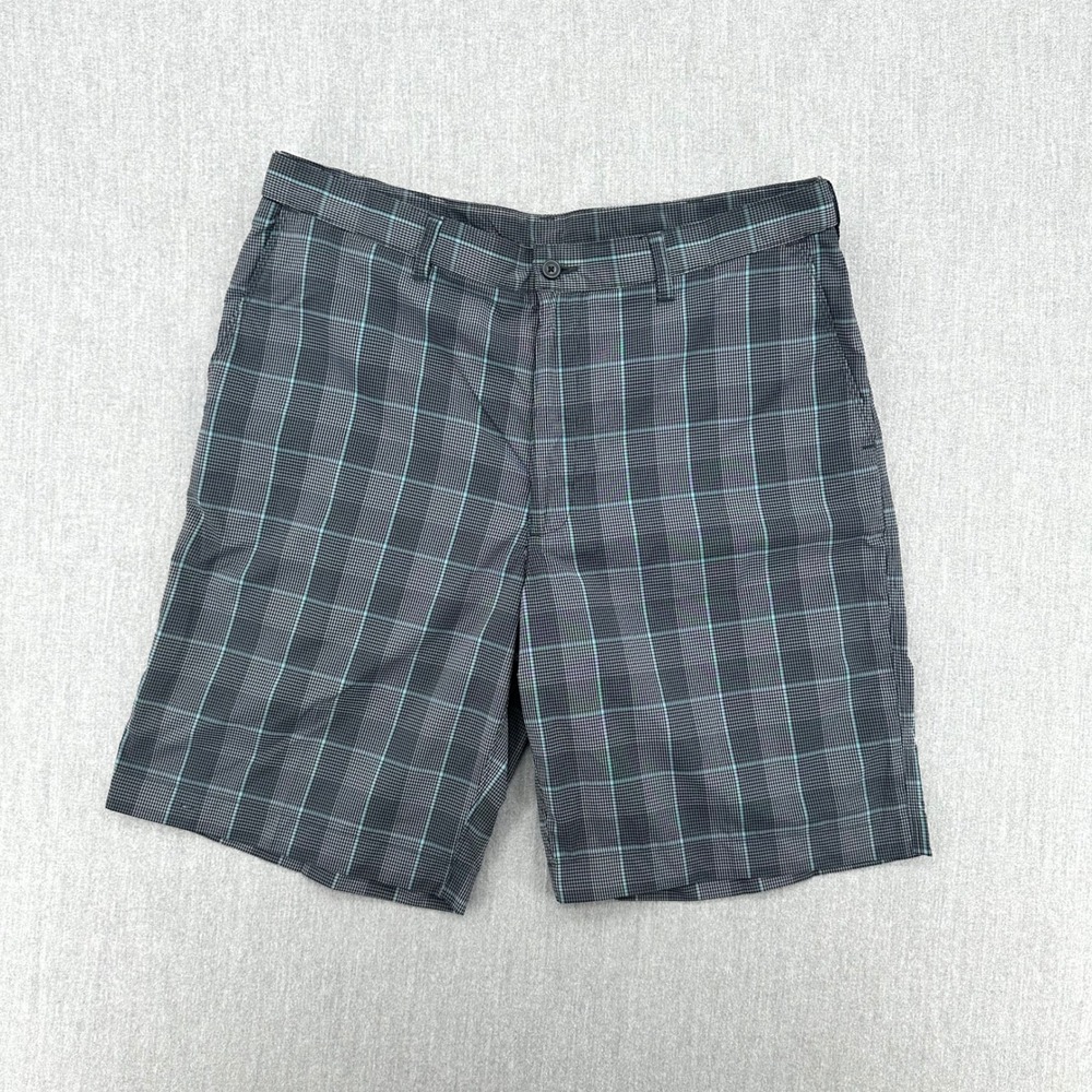 PGA‎ Tour Golf Shorts Mens 36 Grey Blue Plaid Flat Front Performance Preppy